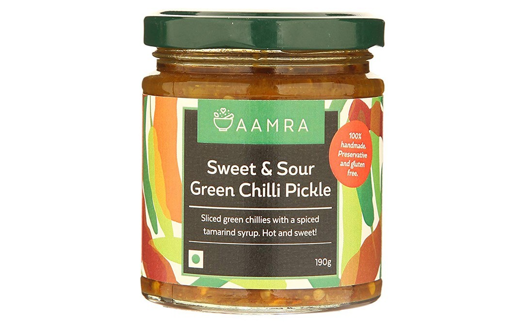 Aamra Sweet & Sour Green Chilli Pickle   Glass Jar  190 grams